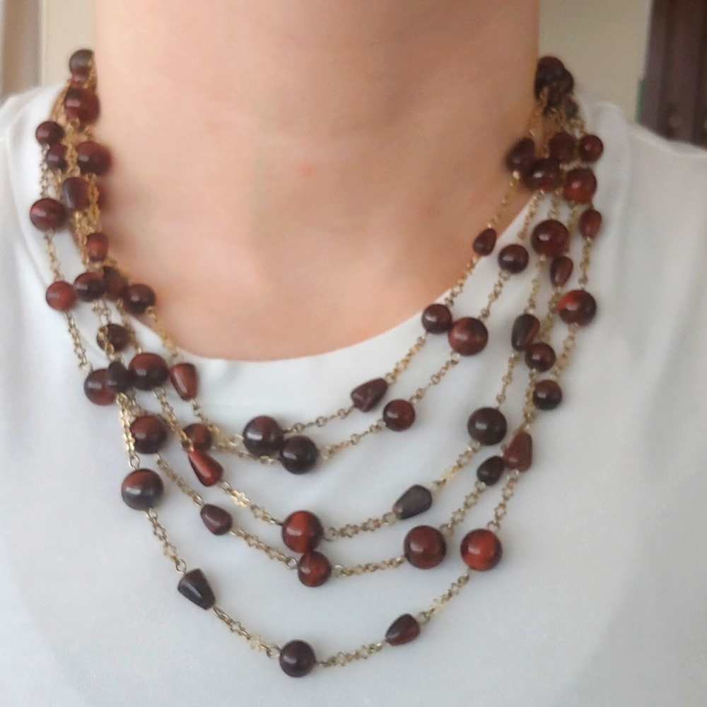 SALE: Gold-Colored Five Chain Necklace with Small Dark Brown Beads